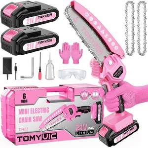 lot 13642 image: Mini Chainsaw 6-Inch Battery Powered - Pink Cordless Electric Handheld Chainsaw with 2 Rechargeable Batteries - 21V Small Power Chain Saws Battery Operated for Tree Trimming Wood Cutting