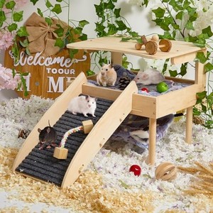 lot 13643 image: Guinea Pig Hideout,Guinea Pigs Hammock with Platform,Natural Wooden Small Animal House Bed with Stairs,Mat and Hammock,Detachable Small Pet Hut Habitats for Guinea Pig Hamsters Bunny Chinchillas