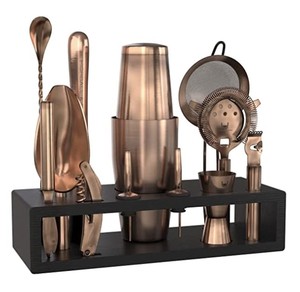lot 13652 image: Highball & Chaser Bartender Kit with Black Bamboo Stand Beautiful Cocktail Shaker Set and Bar Tools Stainless Steel Boston Shaker Bartender Kit with Stand (Antique Copper)