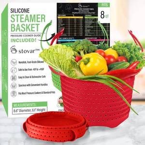 lot 13656 image: Silicone Steamer Basket For 8QT Instant Pot, Ninja Foodi, Other Pressure Cookers Multiuse Silicone Strainer Steam Basket - Vegetable Steamer Basket for Pot &amp Pressure Cooker, Red