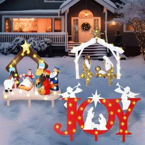 lot 13662 image: Therwen 3 Pcs Metal Holy Nativity Yard Sign with Stakes Lighted Outdoor Nativity Scene Christmas Decorations Waterproof Holy Family Jesus Birth Manger Scene for Christmas Outdoor Yard Lawn