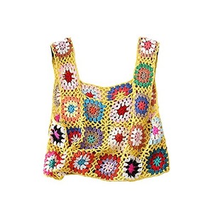 lot 13664 image: Womens Summer Crochet Tank Top Colorful Floral Embroidery Knit Vest Tops Boho Camisole Beachwear (Yellow , One Size )