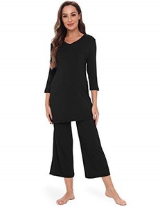 lot 13678 image: GYS Womens Pajama Sets - Viscose Made from Bamboo, 34 Sleeve Capri Pajama Sets Soft Comfy Pjs Lounge Set Sleepwear, Black, Medium