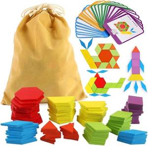 lot 13687 image: LovesTown 209 PCS Wooden Pattern Blocks, Geometric Shapes Blocks Pattern Blocks with Cards Tangram Puzzles for Kids Educational Tangram Toys
