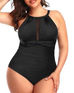 lot 13690 image: Aqua Eve Plus Size Swimsuit Women One Piece Swimsuit Tummy Control High Neck Bathing Suit Ruched Swimwear Black 18W