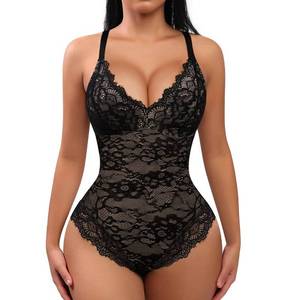 lot 13693 image: FeelinGirl Bodysuit for Women Tummy Control Lace Shapewear V-Neck Sleeveless Tops Backless Body Shaper Black Large