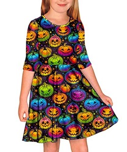 lot 13709 image: Halloween Pumpkin Dress Girls 34 Sleeve Casual Holiday Fancy Cartoon Print Dresses 9-10 Years
