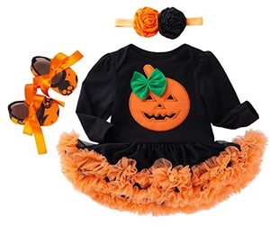 lot 13724 image: Happy Cherry Baby Toddler Girls Halloween Pumpkin Outfits My First Long Sleeve Tutu Romper Outfit Set 3PCs Princess Mesh Dress Romper Jumpsuit Fluffy Skirt Dresses with Headband and Shoes. 6 months