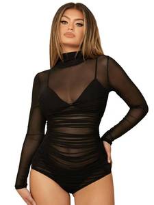 lot 13726 image: SweatyRocks Womens Mock Neck Leopard Long Sleeve Mesh Bodysuit Leotard Black Pure XL