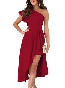lot 13729 image: Dokotoo One Shoulder Dresses for Women Elegant Ruffle Empire Waist Asymmetrical Hi-Lo Hem Solid Zipper Up Bodycon Party Wedding Guest Midi Semi Formal Dresses Red X-Large