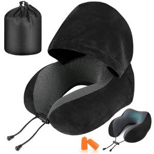 lot 13732 image: Cirorld Travel Pillow, Neck Pillow for Travel with Hood for Airplane, Velvet Memory Foam Neck Pillow Adult Head & Neck Support, for Long Flights Plane, Office, Cars Sleeping & Rest (Black)