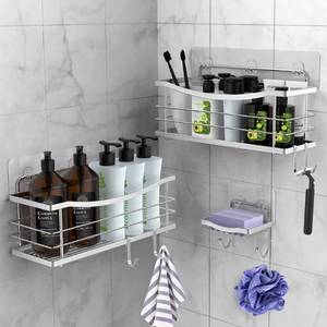 lot 13752 image: ODesign Adhesive Shower Caddy Basket Shelf with Hooks for Shampoo Razor Soap Dish Holder Kitchen Bathroom Apartment Home Organizer No Drilling Wall Mounted Stainless Steel Rustproof - 3 Pack