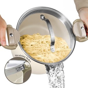 lot 13763 image: Gotham Steel 5 Quart Stock Pot Multipurpose Pasta Pot with Strainer Lid & Twist and Lock Handles, Nonstick Cooking Pot  Pasta Strainer Pot with Lid, Spaghetti Pot, OvenDishwasher Safe - CREAM
