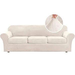 lot 13774 image: H.VERSAILTEX Modern Velvet Plush 4 Piece High Stretch Sofa Slipcover Furniture Protector Form Fit Luxury Thick Velvet Extra Large Sofa Cover for 3 Cushion Couch Width Up to 105 Inch(XL Sofa, Ivory)