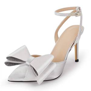 lot 13785 image: Coutgo Bow Heels for Women Silver Rhinestone Closed Toe High Heel Strappy Dress Wedding Bridal Pumps Shoes, Silver, Size 6.5