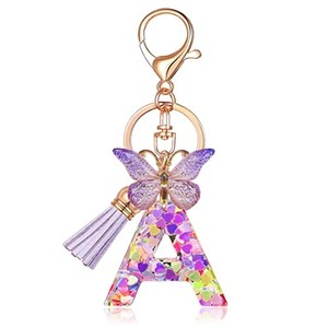 lot 13808 image: JINGUAZI Initial letter Keychains for Women Tassel Butterfly Pink Cute Car Keychain for Wallet Purses Backpack (Purple A)