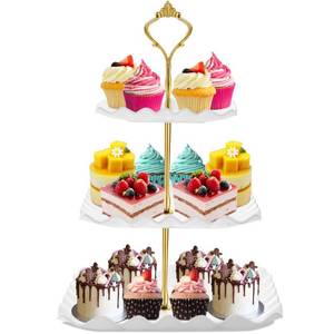 lot 13852 image: DAFURIET Dessert Cupcake Stand, 3 Tier Cup Cake Holder Tower for Tea PartyBirthdayWeeding, Plastic Tiered Serving Tray with Metal Rod (White)