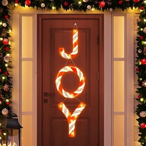 lot 13858 image: 3Pcs 11.8 LED Lights Joy Christmas Tree Ornament Oversized LED Large Door Wreath Rustic Wooden Glitter Red Peppermint Candy Letters Xmas Hanging Ornament Outdoor Porch Decor for Home Holiday