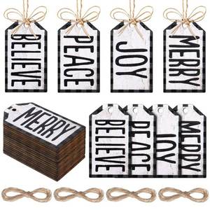 lot 13868 image: Wooden Tag Labels Christmas Wishes Tree Ornament Plaid Printed Wood Hanging Ornament Buffalo Wood Plaid Hanging Tag Merry Peace Joy Hanging Tag with Ropes for Xmas Tree Decor (White, Black, 60 Pcs)