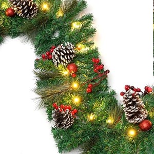 lot 13875 image: Aesto 9 FT Christmas Garland with Lights, 8 Lighting Modes, Xmas Garland with Lights for OutdoorIndoor, Decorated with Pine Cones, Berry Clusters