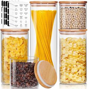 lot 13880 image: HomArtist Glass Jars with Bamboo Lids Muti Size Set of 5, Glass Canisters with Airtight Lids, Glass Food Storage Containers for Pasta, Oats, Coffee, Flour, Sugar, Rice, Best for Kitchen & Pantry