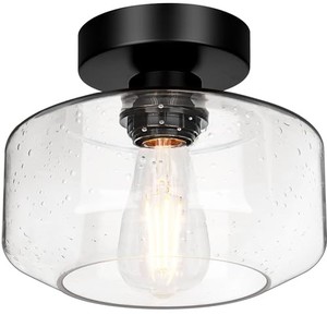 lot 13882 image: Industrial Semi Flush Mount Ceiling Light, 800 Lumen LED Bulb Included, Seeded Glass Shade Farmhouse Light Fixture for Hallway Corridor Kitchen Bathroom Bedroom Passway