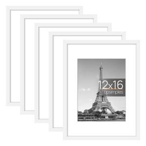 lot 13884 image: upsimples 12x16 Picture Frame Set of 5, Display Pictures 8.5x11 with Mat or 12x16 Without Mat, Wall Gallery Photo Frames, White