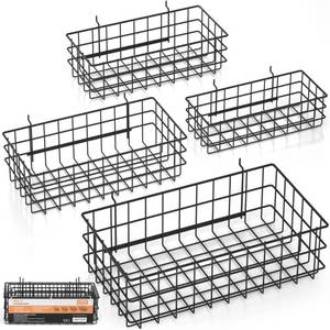 lot 13887 image: INCLY 4 Pack Pegboard Baskets Bins Set, 4 Size Square Style Black Metal Wire Basket for Any Peg Board Organizing Tools, Pegboard Accessories for Workbench Garage Wall Storage Attachments