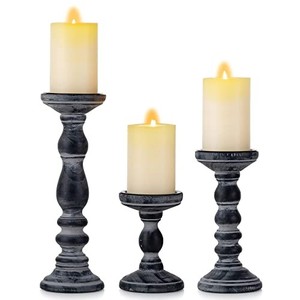 lot 13888 image: Candle Holder for Pillar Candles Romadedi Set of 3 Decorative Wood Candlestick Holders, Rustic Wooden Candle Stand for Fireplace Mantle End Table Shelf in Farmhouse Style, Black 6, 8.3, 12