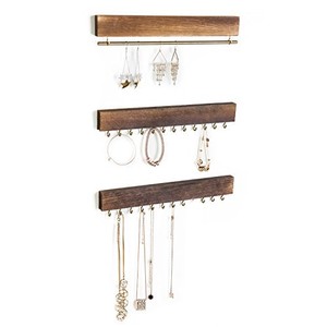 lot 13899 image: MyGift 3-Piece Wall Jewelry Organizer, Wall-Mounted Rustic Wood and Gold Tone Metal 24 Hook Necklace and Bracelet Storage Rack with Hanging Earring Bar