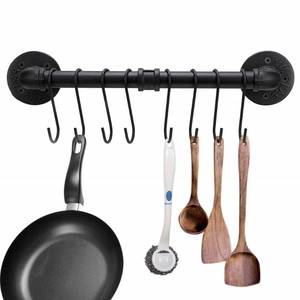 lot 13907 image: Sumnacon 16 Inch Industrial Pipe Pan Pot Rack with 8-Hooks, Wall Mounted Metal Rail Kitchen Utensil Pot Pan Lid Storage OrganizerCookware Holder with Hardwares