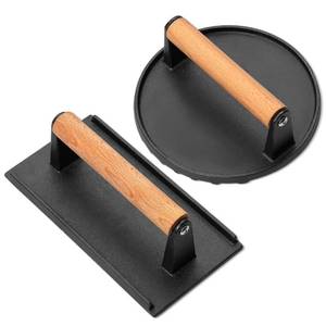 lot 13911 image: AIKWI Burger Press for Blackstone Griddle, 6.8-inch Round & 8.2 x 4.2 Rectangular Heavy Duty Cast Iron Smash Meat Steak Sandwich Bacon Grill Press with Wood Handle for Barbecue, Nonstick Pan