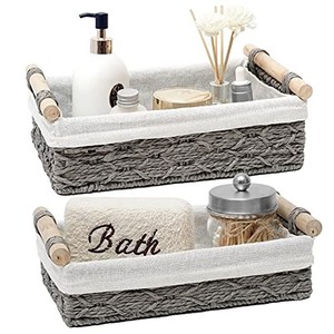 lot 13919 image: DUOER Storage Basket Wicker Baskets for Organizing Storage Bins for Countertop Toilet Paper Storage Basket for Toilet Tank Top (Set of 2,Grey)