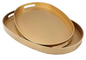 lot 13949 image: Gold Oval Decorative Trays with Handles, 2 Pack Versatile Outdoor Tray for Coffee Table, Ottoman, Ideal for Serving, Displaying, Organizing