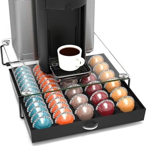 lot 13953 image: DecoBrothers Crystal Tempered Glass Vertuo Pod Holder Drawer, 30 Large or 60 Small Nespresso Capsule Organizer, Black