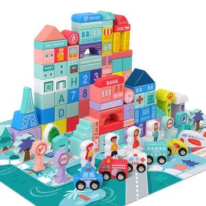 lot 13955 image: XIAPIA Building Blocks Wooden, City Construction Stacking Blocks with Map, Learning Educational Preschool Toys Age 3, Wooden Building Blocks Set for Boy and Girl Gifts