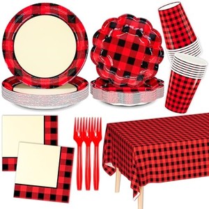 lot 13976 image: DYLIVeS Red and Black Buffalo Plaid Party Supplies, 9.2 Checkered Dinner Paper Plates 7 Dessert Plates, 6.5 Napkins Cups Forks Tablecloth for Gingham Birthday Picinc Easter Party, Serves 24