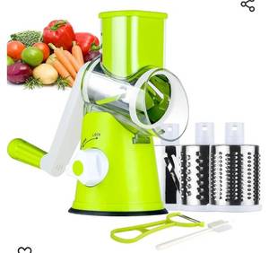 lot 13983 image: Manual Cheese Rotary Grater - Round Mandoline Slicer Shredder with 3 Inner Adjustable Blades (Green)