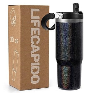 lot 13993 image: Lifecapido 30 oz Tumbler with Handle, Stainless Steel Tumbler with Top Handle 2 in 1 Lid, Flip Straw Tumbler, Double Wall Vacuum Tumbler, Insulated Travel Tumbler Mug, Keep Cold and Hot, Black