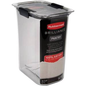 lot 13994 image: Rubbermaid Brilliance Airtight Food Storage Container for Pantry with Lid for Flour, Sugar, and Rice, 16-Cup, ClearGrey