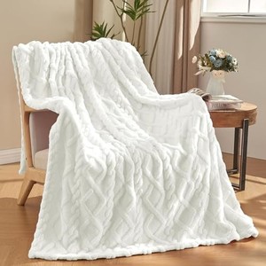 lot 14021 image: KMUSET White Fleece Blanket for Couch - Super Soft Cozy Luxury Throw Blankets for Women, Beautiful 3D Jacquard Gift Blanket for Girls, 50 x 60 Inches