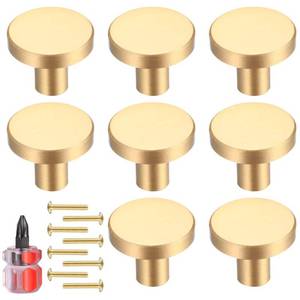 lot 14052 image: 8 Pcs Gold Cabinet Knobs, Brushed Brass Round Kitchen Cabinet Hardware Pulls Knobs Gold for Dresser Drawer Cupboard Closet Furniture Wardrobe Door Knobs Handles, with Screwdriver - 20x25 mm