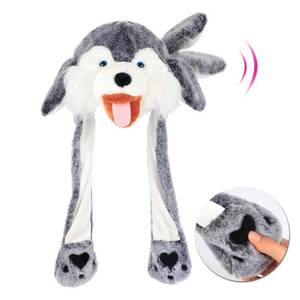 lot 14062 image: Hopearl Husky Hat with Ears Moving Jumping Pop Up Beating Hat Plush Holiday Cosplay Dress Up Funny Festival Birthday Gift for Kids Boys Girls, Gray, 22