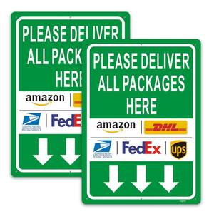 lot 14064 image: TQYC Deliveries with Arrow, Delivery Instructions for FedEx Amazon UPS USPS DHL Sign, 2-Pack 10 x 7 Rust Free Aluminum Sign, UV Protected and Weatherproof, Durable Ink, Easy to Install