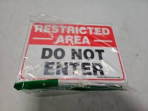 lot 14065 image: Restricted Area Sign, Do Not Enter Signs Metal, 2 Pack, 10 x 7 inch .40 Rust Free Aluminum, UV Protected, Weather Resistant, Waterproof, Durable Ink, Easy to install