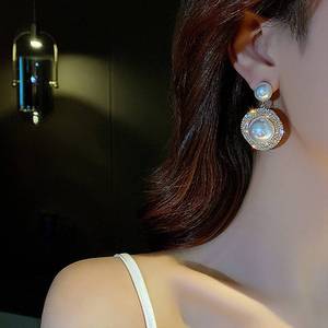 lot 14068 image: Xerling Bling Rhinestone Pearl Button Stud Earrings for Women Girls Shiny Statement Pearl Dangle Bridal Earrings for Wedding Prom Party