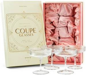 lot 14101 image: Vintage Art Deco Coupe Glasses  Set of 4  7 oz Classic Cocktail Glassware for Champagne, Martini, Manhattan, Cosmopolitan, Sidecar  Crystal Speakeasy Style Saucer Goblets with Stems