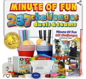 lot 14104 image: Minute of Fun Party Game - Amazing, 237 Minute to Win It Challenges for Duels, Teams, Parties - Teens, Family, Friends, Party Games, Kids, Adults. for Home, Scout Games, School, Travel. 2-12 Players.