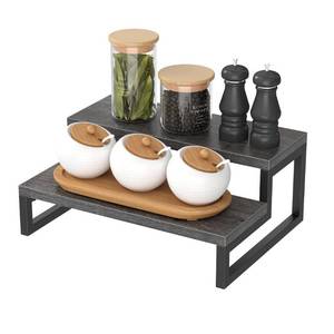 lot 14109 image: Waissdea Wood Display Riser Stand, Wooden Display Riser Shelf, Kitchen Counter Shelf Spice Rack Organizer, Tiered Countertop Display Shelf for Perfume, Makeup, Condiment(grey,2-Tier)