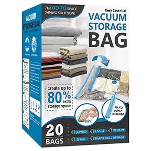 lot 14117 image: 20 Pack Vacuum Storage Bags, Space Saver Bags (4 Jumbo4 Large4 Medium4 Small4 Roll) Compression for Comforters and Blankets, Sealer Clothes Storage, Hand Pump Included